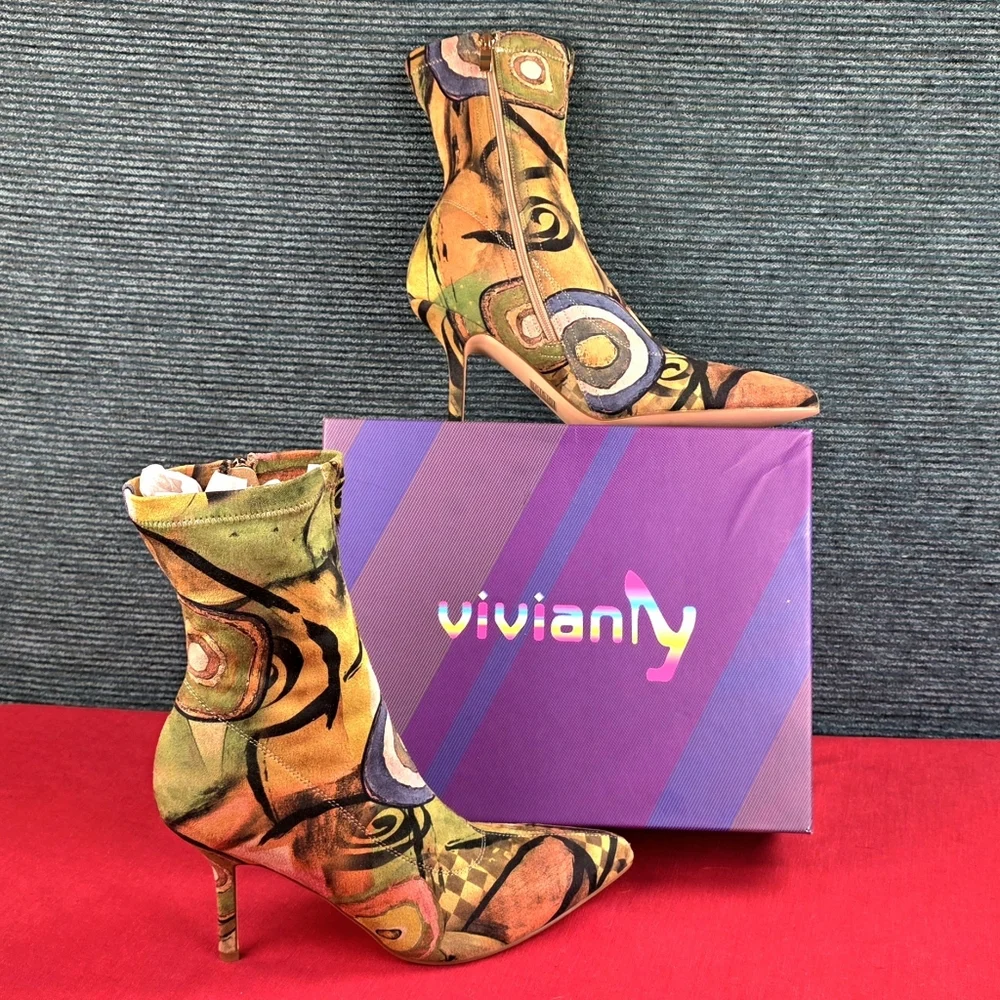 Vivianly Pointy Toe Stiletto Heels Printed Sock Ankle Booties - Picture 4 of 16